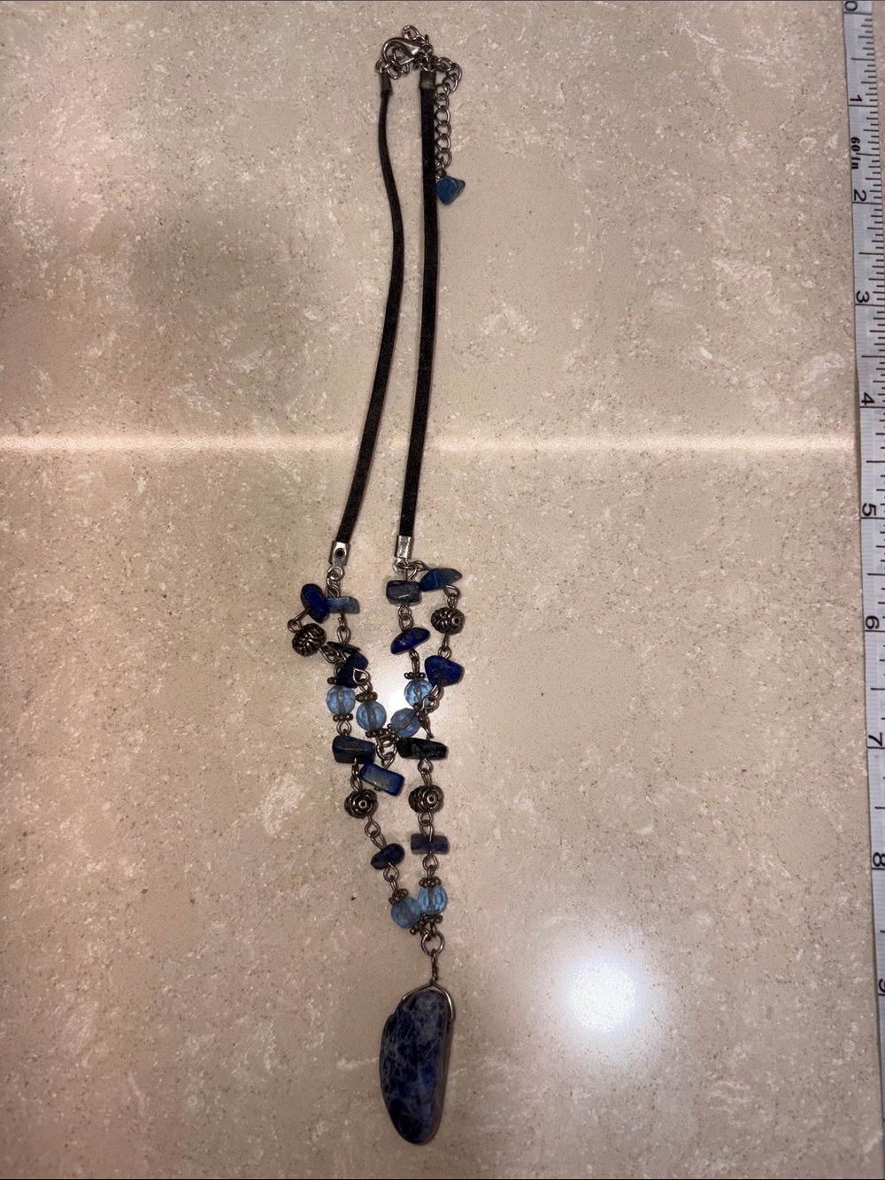 Chico's Blue Beaded Pendant Necklace with Black Cord